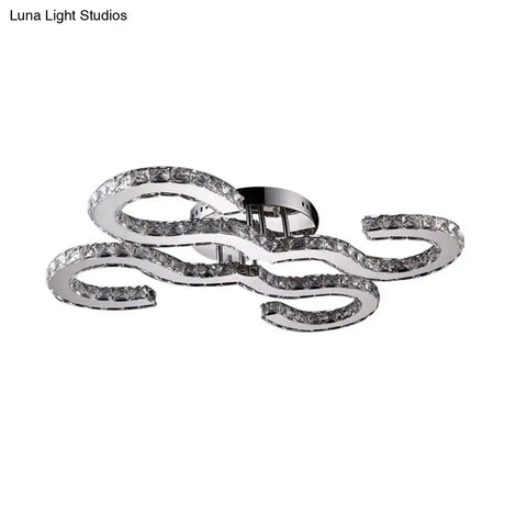 Modern Curved Ceiling Crystal And Metal Sconce Light In Chrome For Bedroom - Warm/White/3 Color