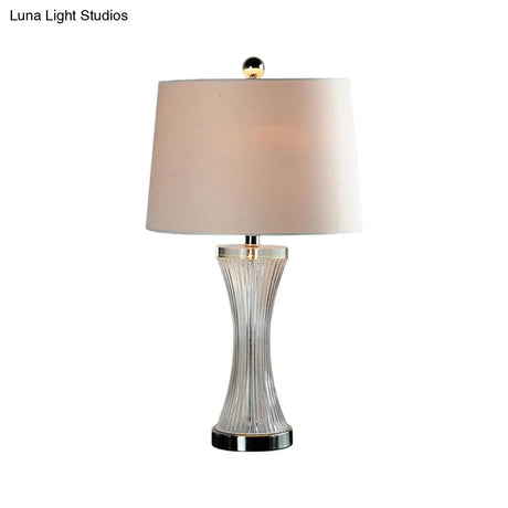 Modern Curved Clear Crystal Glass Night Light - White Fabric Nightstand Lamp