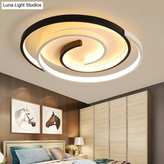 Modern Curved Flush Ceiling Light With Led In Black And White Acrylic For Bedroom Mounting