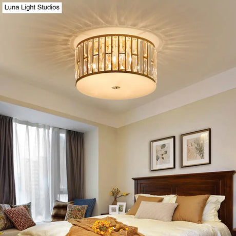 Modern Cut Crystal Gold Drum Flush Mount Ceiling Light With Opal Glass Diffuser - 5 Bulbs 3 Sizes