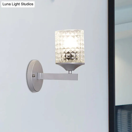 Modern Cylinder Clear Textured Glass Wall Sconce Light Single Bulb Bedroom Black/Silver