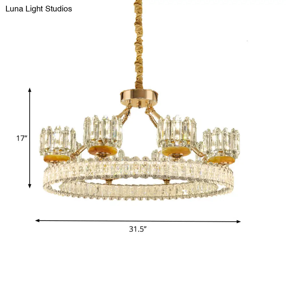 Modern Cylinder Crystal Chandelier Ceiling Light With Gold Ring - 6/8 Bulb Options
