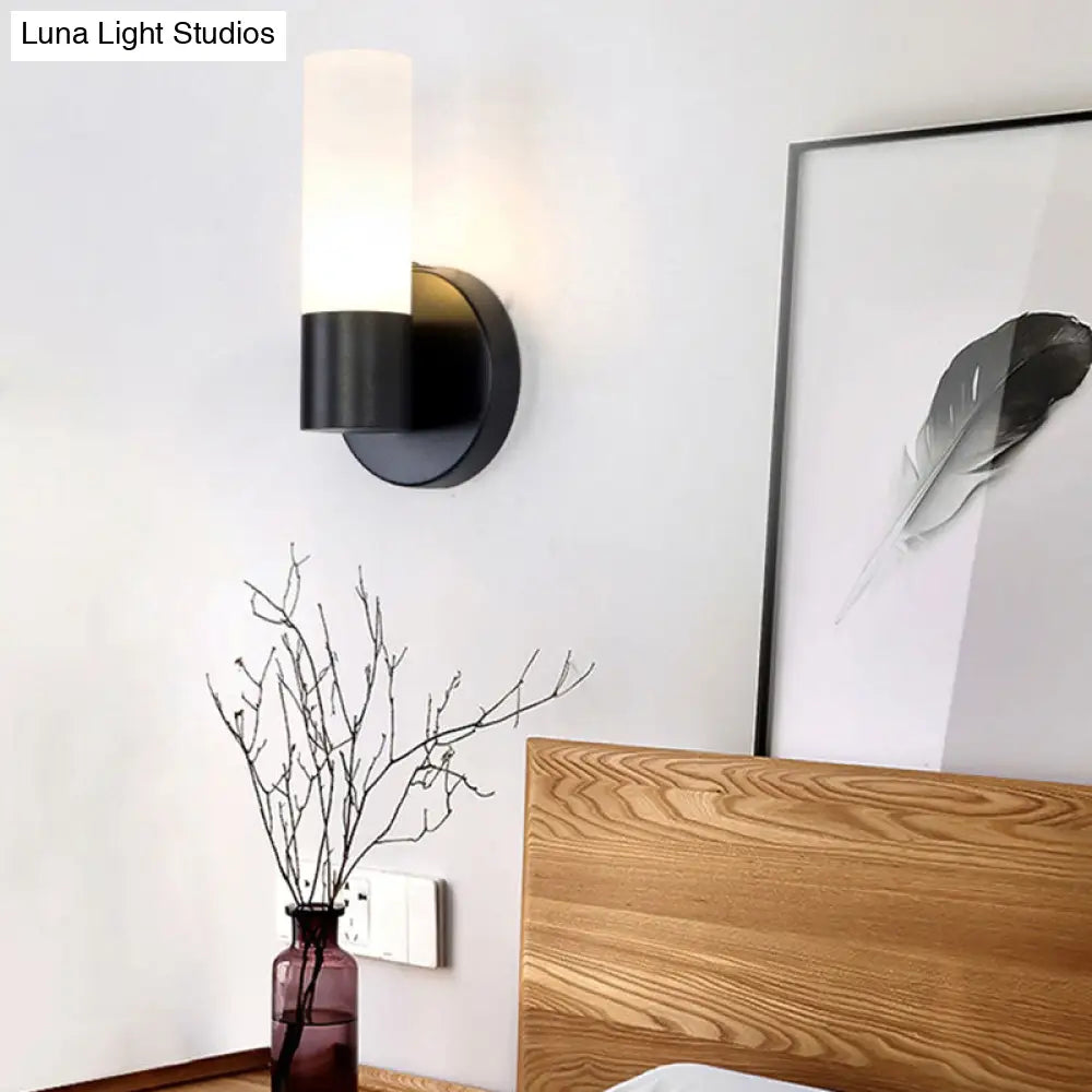 Modern Cylinder White Glass Sconce Lamp With 1 Black Led Light - Wall Mounted Fixture