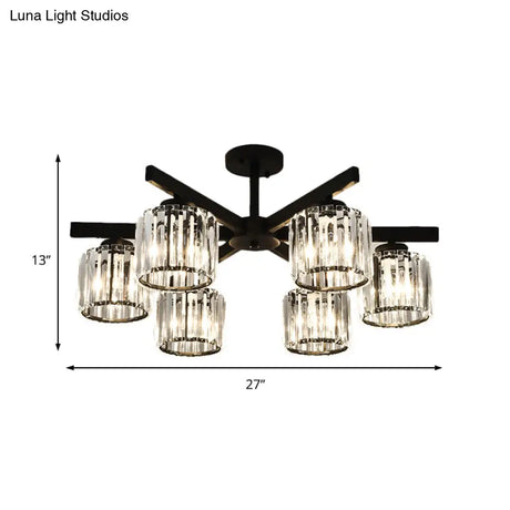 Modern Cylindrical Crystal Semi Flush Ceiling Light With 3/6/8-Head Design - Black Ideal For Living