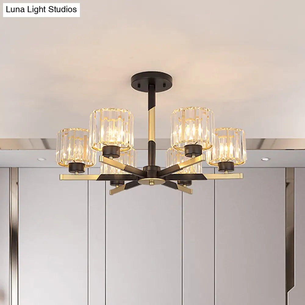 Modern Cylindrical Crystal Semi Flush Chandelier In Black - 6/8-Head Living Room Ceiling Light 6 /