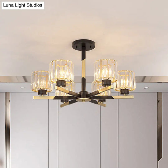 Modern Cylindrical Crystal Semi Flush Chandelier In Black - 6/8-Head Living Room Ceiling Light 6 /