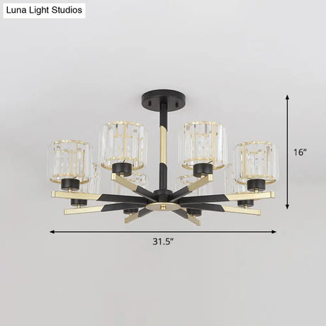Modern Cylindrical Crystal Semi Flush Chandelier In Black - 6/8 - Head Living Room Ceiling Light