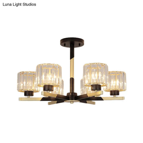 Modern Cylindrical Crystal Semi Flush Chandelier In Black - 6/8 - Head Living Room Ceiling Light