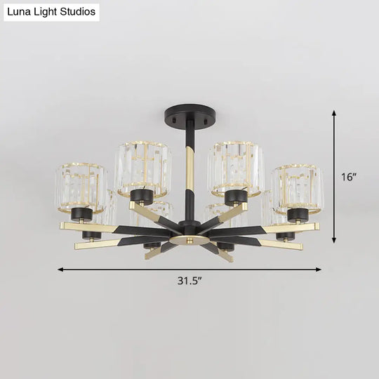 Modern Cylindrical Crystal Semi Flush Chandelier In Black - 6/8-Head Living Room Ceiling Light