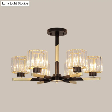 Modern Cylindrical Crystal Semi Flush Chandelier In Black - 6/8 - Head Living Room Ceiling Light