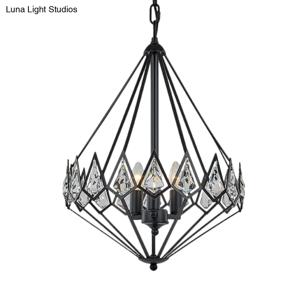 Modern Diamond Suspension Pendant Chandelier with 3 Metallic Heads and Crystal Encrustation in Black Elegant Parlor