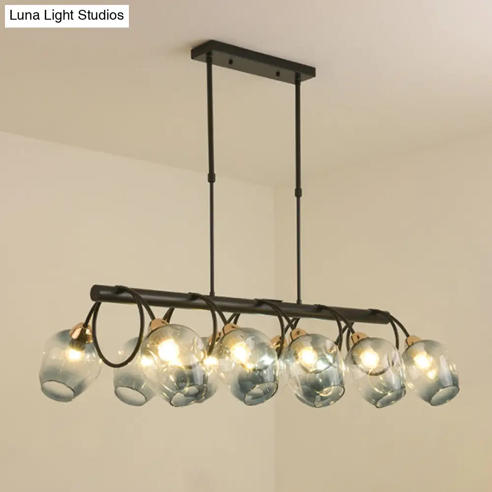 Modern Dimpled Glass Wine Cup Island Light With 6/8/10-Head Black Suspended Fixture Blue/Green Ombre