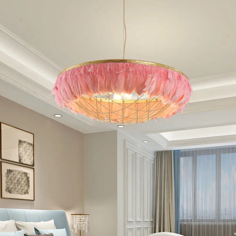 Modern Dome Cage Metallic Chandelier: Gold 2-Bulb Ceiling Lamp With Feather Deco - White Grey Pink