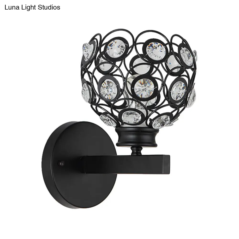 Modern Dome Clear Crystal Wall Lamp With Brass/Black Finish - Ideal Bedroom Lighting