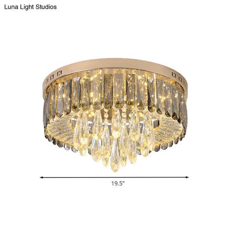 Modern Drum Bedroom Flush Mount Lighting: Smoke Gray Crystal Led Ceiling Lamp
