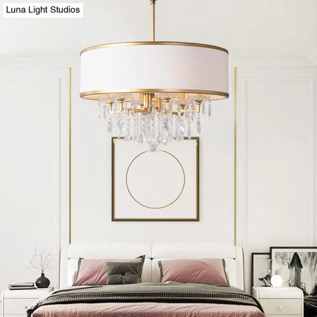 Modern Drum Ceiling Chandelier With Crystal Droplet - Brass Hanging Pendant Light (6 Bulbs)