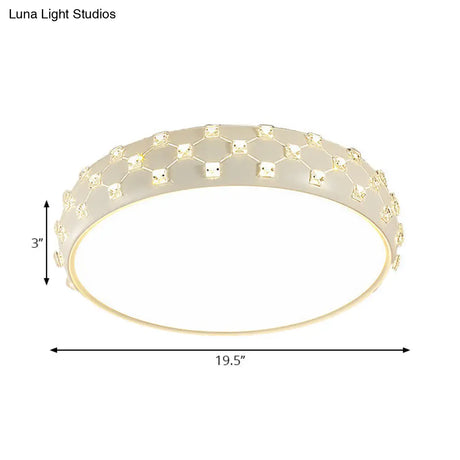 Modern Drum Ceiling Light With Crystal Square - White & Led Flush Lamp For Bedroom