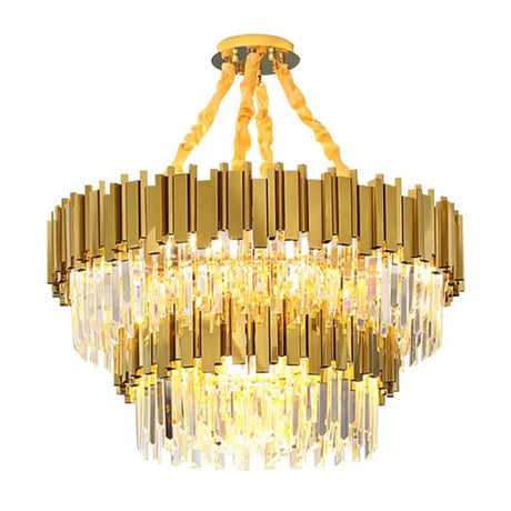 Modern Gold Drum Chandelier Pendant Light With Crystal Tri-Prism Design - Ideal For Living Room
