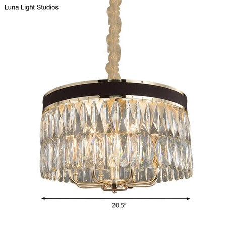 Modern Drum Chandelier With Faceted Crystal 8 Bulbs Pendant Light In Black-Gold Finish