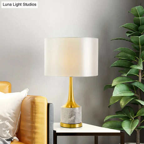 Modern Drum Fabric Nightstand Lamp In White With Marble Base Perfect For Living Room Lighting