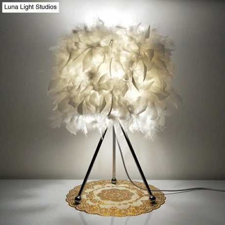 Modern Drum Feather Table Light With Metallic Tripod - White Living Room Nightstand Lighting