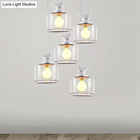 Modern Drum Hanging Lamp With Clear Glass And Bird Deco - Sleek White Ceiling Light For Living Room