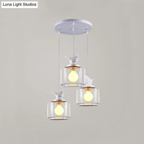 Modern Drum Hanging Lamp With Clear Glass And Bird Deco - Sleek White Ceiling Light For Living Room