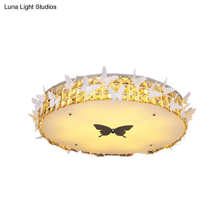 Modern Drum Led Flushmount Lighting With Clear/Amber/Lake Blue Crystal Bedroom Ceiling Fixture -