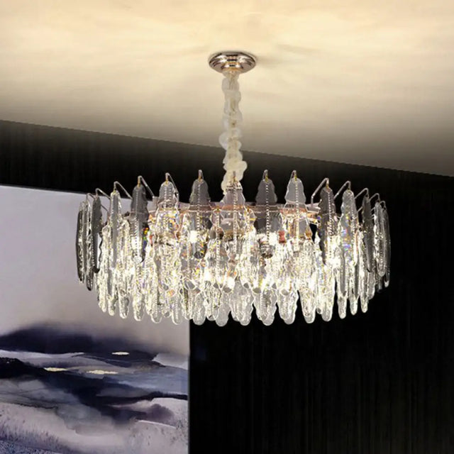 Modern Drum Pendant Light With Clear K9 Crystal - 9 Head Island Lighting For Living Room