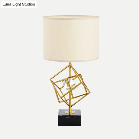 Modern Drum Task Lamp With Gold 1-Head Fabric Reading Light And Black Marble Base