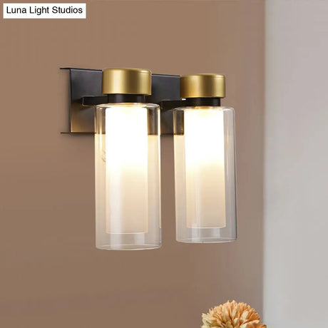 Modern Dual Cylinder Brass Sconce Light Fixture With Clear Glass - 2 Bulbs Led Wall Mount Lamp