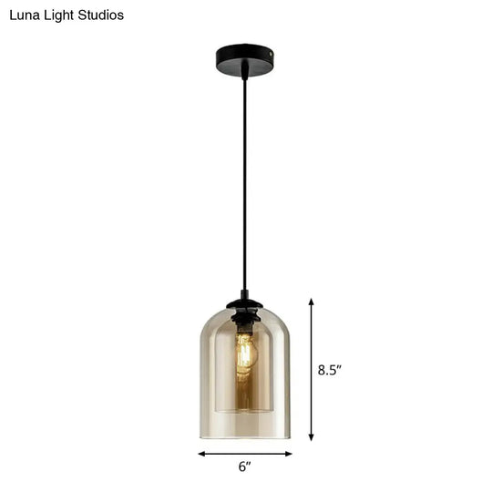 Modern Dual-Glass Pendant Light For Dining Room - Inverted Cup Design Amber