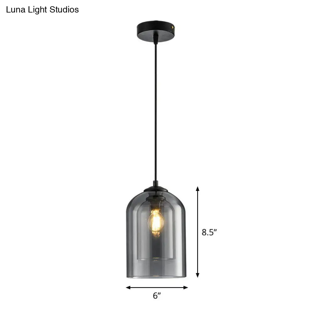 Modern Dual-Glass Pendant Light For Dining Room - Inverted Cup Design Smoke Gray