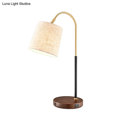 Modern Fabric Barrel Desk Lamp With Curvy Metal Arm - Red/Brown/Beige Night Table Light