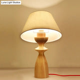 Modern Fabric Barrel Table Light With White Urn Wood Base - Ideal For Study Room Or Reading Nook