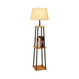 Modern Fabric Cone/Drum/Tapered Floor Lamp With Table & Storage Rack - Black/White/Wood Stand Up