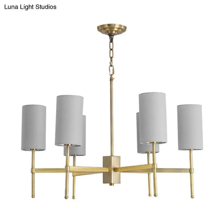 Modern Fabric Cylinder Suspension Light - 6 Heads Chandelier In Grey/White For Living Room