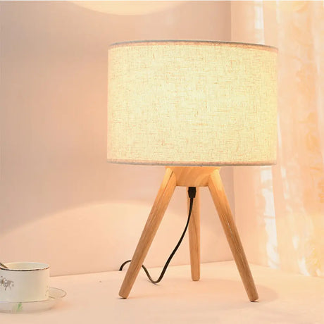 Modern Fabric Led Book Light With Cylinder Shape And Wooden Tripod Stand Wood