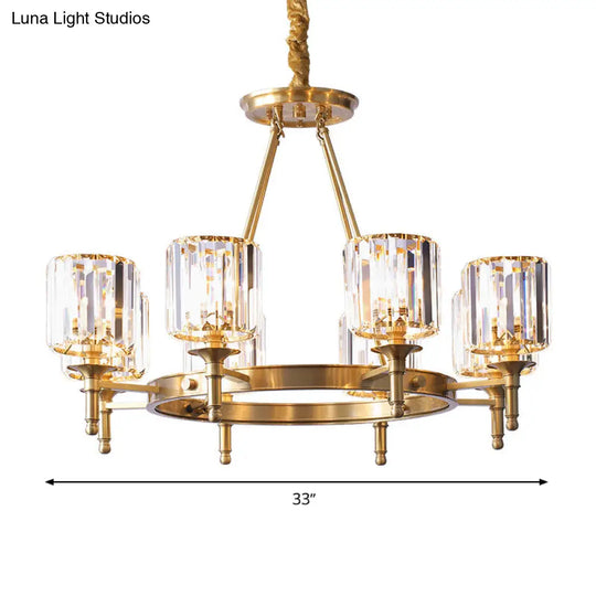 Modern Faceted Crystal Cylinder Chandelier Ceiling Pendant Light W/ 3/5/6 Bulbs In Brass Finish
