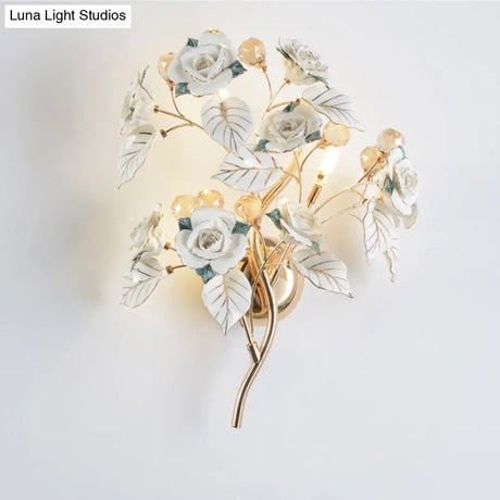 Modern Faceted Crystal Flower Sconce - Wall Mounted Bedroom Light Fixture With 3 Bulbs