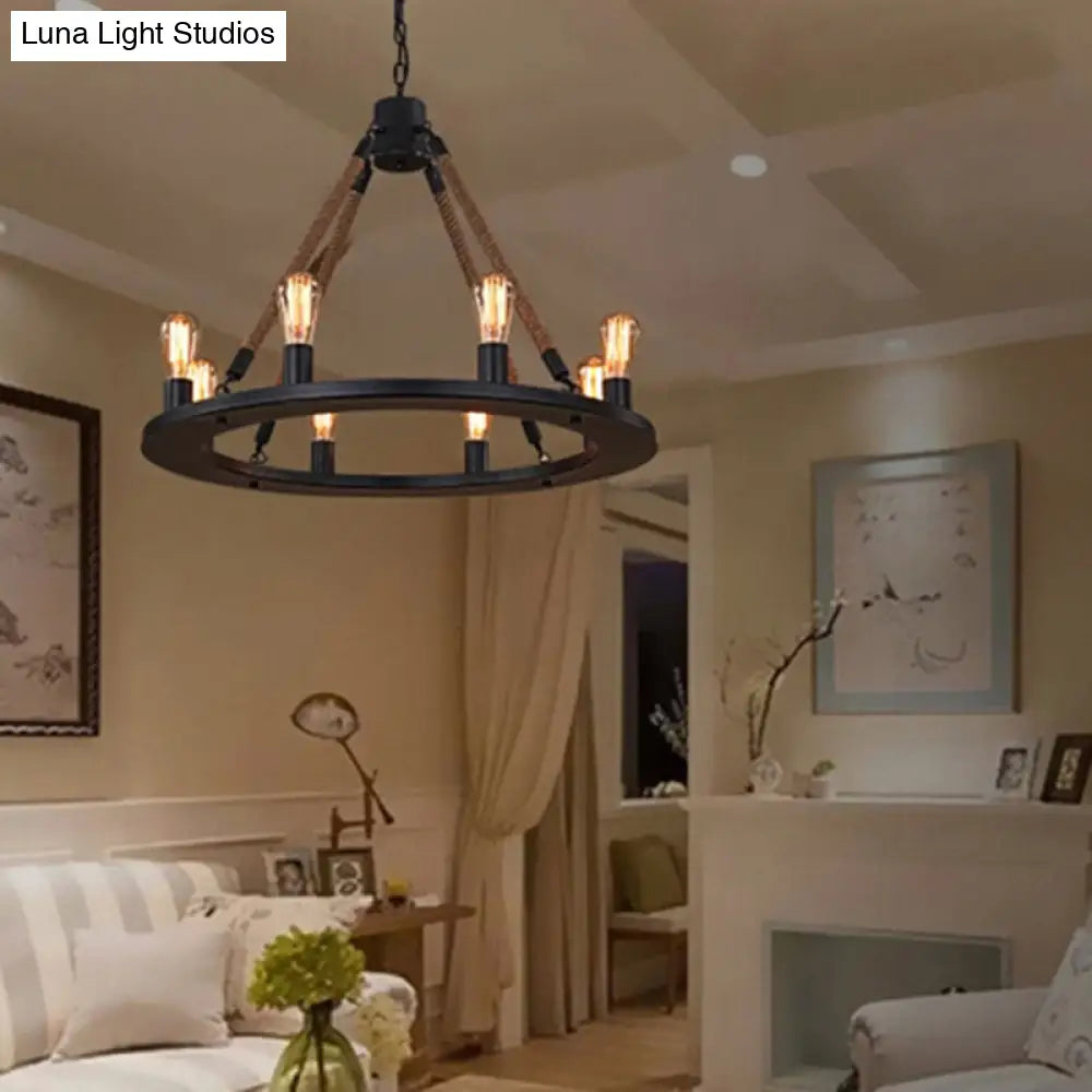 Modern Farmhouse Metal Chandelier: Circular Living Room Hanging Light Black Finish With Rope Cord