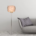 Modern Feather Drum Shade Floor Lamp - White Stand With Crystal Drop Single Bulb Light