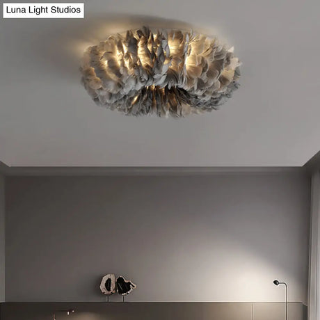Modern Feather Flushmount Ceiling Light With 3/6 Fabric Heads In White/Grey/Pink For Bedroom