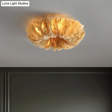 Modern Feather Flushmount Ceiling Light With 3/6 Fabric Heads In White/Grey/Pink For Bedroom