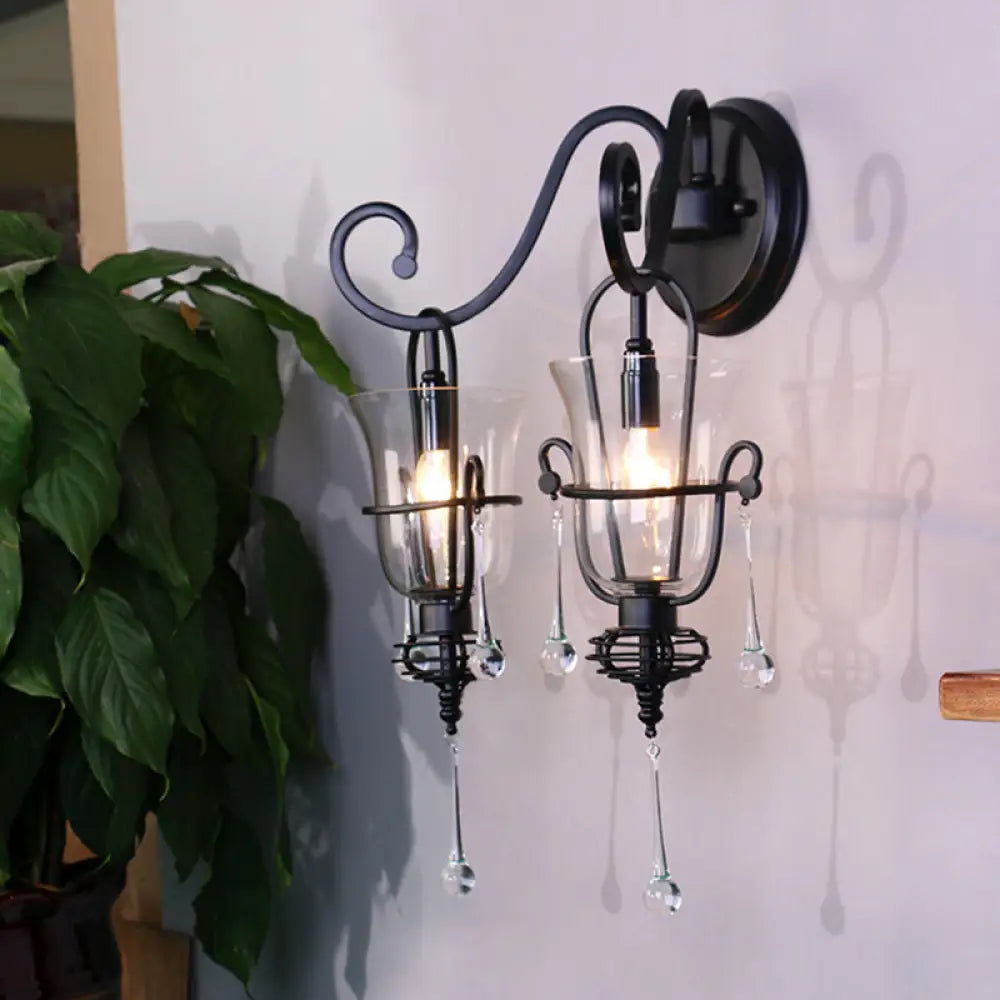 Modern Flared Black Wall Lamp With Clear Glass Shade 2 /