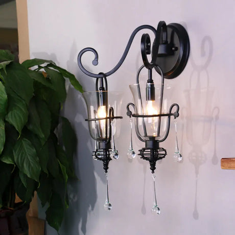 Modern Flared Black Wall Lamp With Clear Glass Shade 2 /