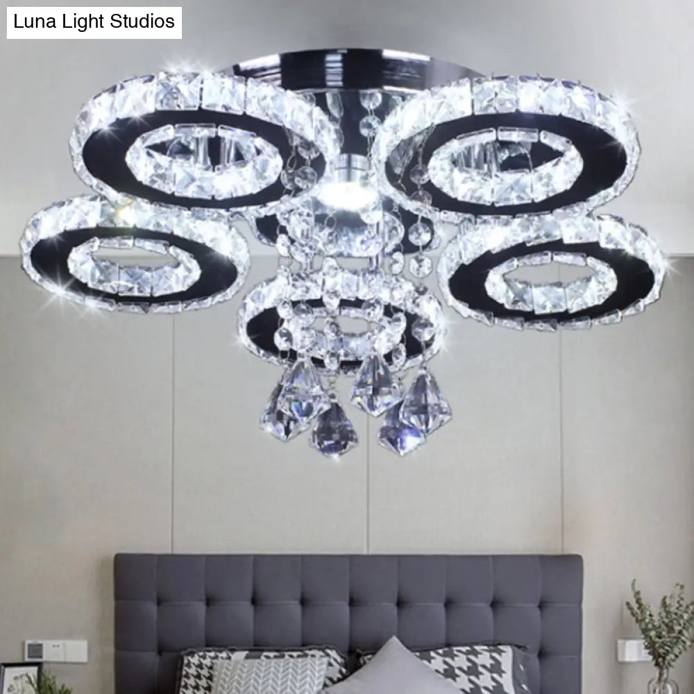 Modern Floral Crystal Semi Flush Ceiling Light - Led Stainless Steel Fixture For Bedroom