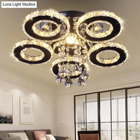 Modern Floral Crystal Semi Flush Ceiling Light - Led Stainless Steel Fixture For Bedroom