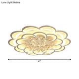 Modern Floral Girls Bedroom Led Flush Ceiling Light With Crystal Ball Drop In White -