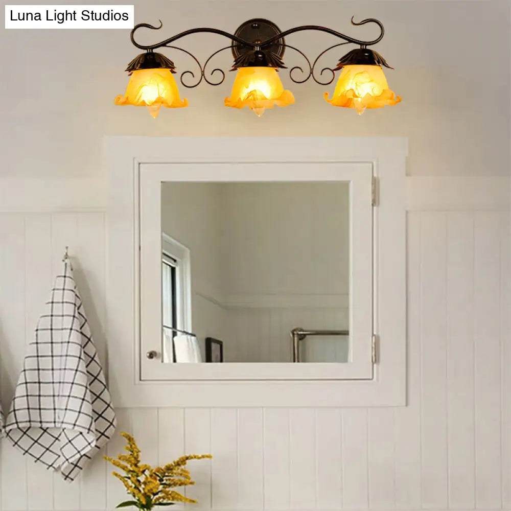 Modern Floral Yellow Glass Vanity Wall Sconce - Stylish 1/2/3-Light Black Finish Mount Lighting